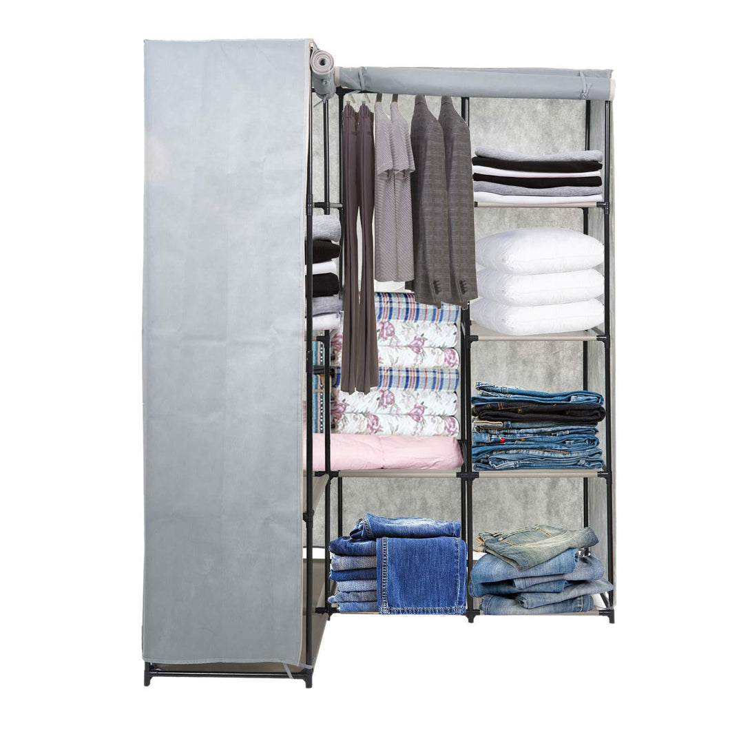 Online shopping dporticus portable corner clothes closet wardrobe storage organizer with metal shelves and dustproof non woven fabric cover in gray