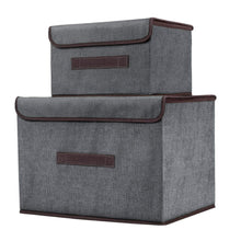 Load image into Gallery viewer, Explore foldable storage boxes with lids 2 set of linen fabric cubes with handles for shelf closet book kid toy nursery organize grey