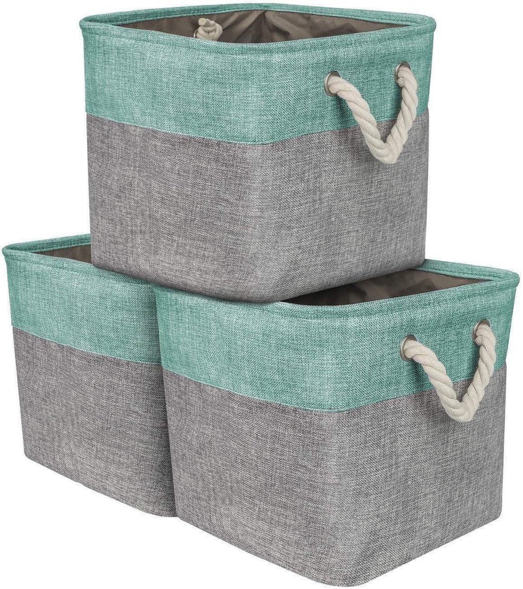 Sorbus Storage Large Basket Set [3-Pack] Big Rectangular Fabric Collapsible Organizer Bin with Cotton Rope Carry Handles for Linens, Toys, Clothes, Kids Room, Nursery (Woven Rope Basket - Teal)