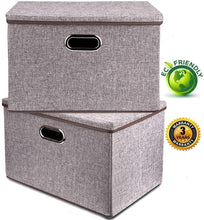 Load image into Gallery viewer, Explore large linen fabric foldable storage container 2 pack with removable lid and handles storage bin box cubes organizer gray for home office nursery closet bedroom living room