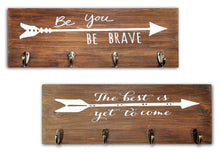 Load image into Gallery viewer, Results spiretro set of 2 wall mount wood plaque metal key hook rack printed arrow sign and inspirational words coat hat bag hang organizer leash holder 16 5 inch for entryway kids room hallway closet rustic teak brown
